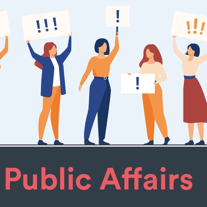 Illustration of women holding up placards with exclamation marks on, text reads Public Affairs, with the Solace logo